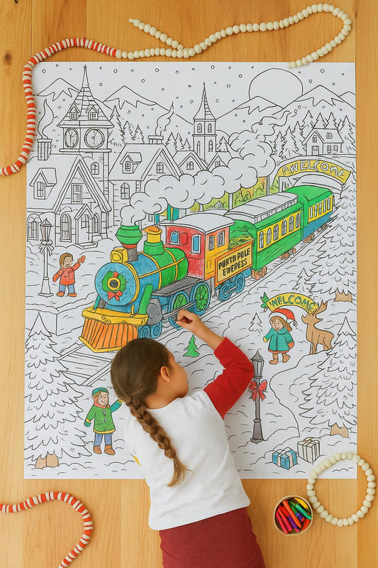 Giant 36x48 Holiday Train Coloring Poster for Kids | Christmas Steam Train | Activity | Winter Village Scene W/Bonus