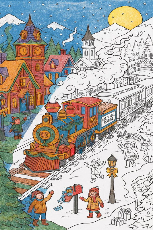 Giant 36x48 Holiday Train Coloring Poster for Kids | Christmas Steam Train | Activity | Winter Village Scene W/Bonus